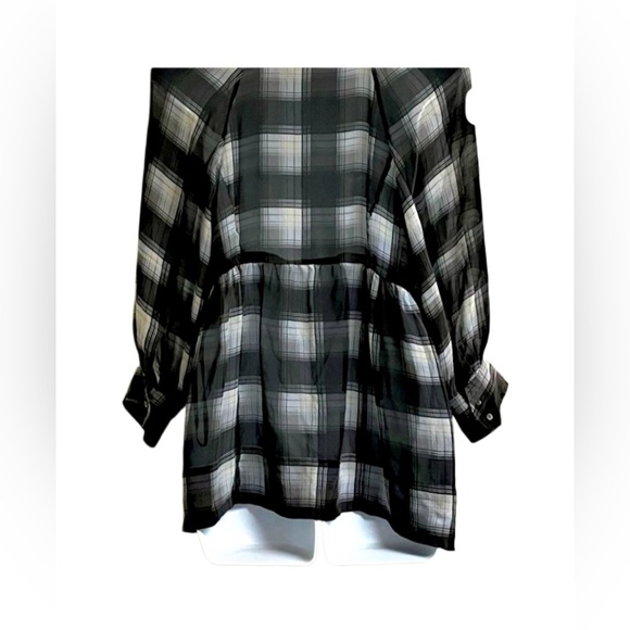 BCBGMaxAzria Black and White Plaid Long Sleeve Silk Blouse - Picture 6 of 8
